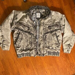 Vintage 80s Acid Wash Denim Bomber Jacket w/ Leather Accents